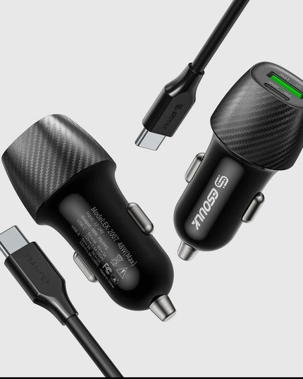 48W Pd&Qc Car Charger + 3ft Usb-C To Usb-C Cable Black