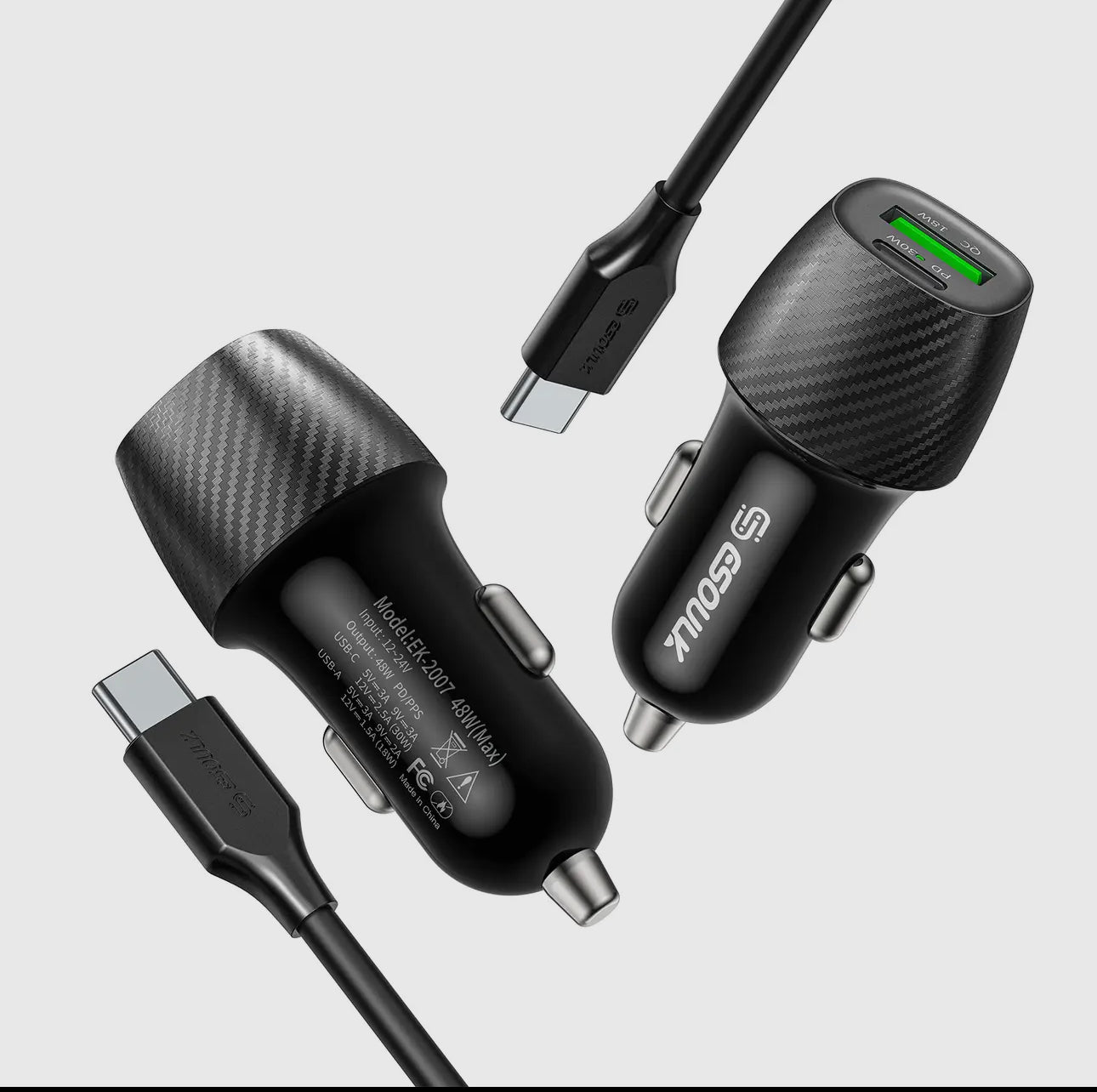 48W Pd&Qc Car Charger + 3ft Usb-C To Usb-C Cable Black