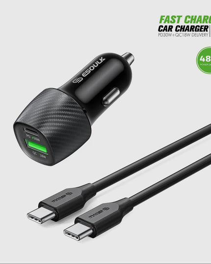 48W Pd&Qc Car Charger + 3ft Usb-C To Usb-C Cable Black