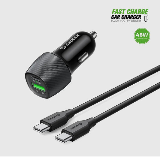 48W Pd&Qc Car Charger + 3ft Usb-C To Usb-C Cable Black