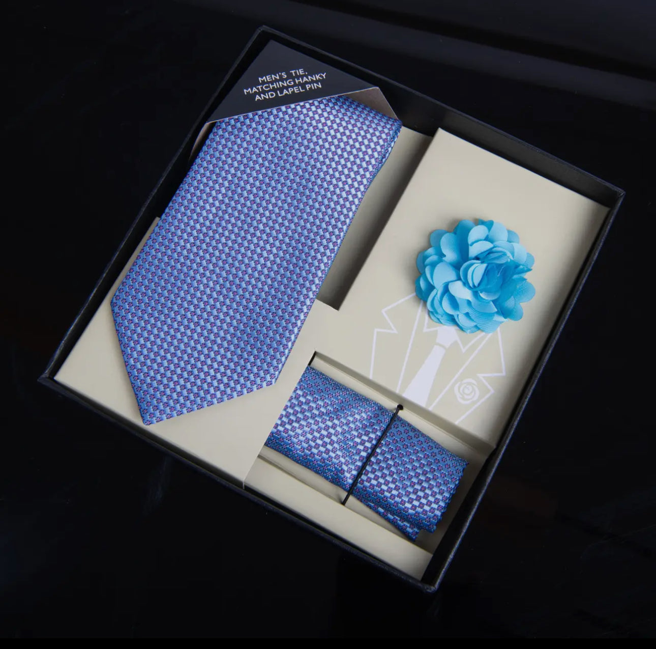 Pattern Necktie, Hanky & Lapel Pin Box Set