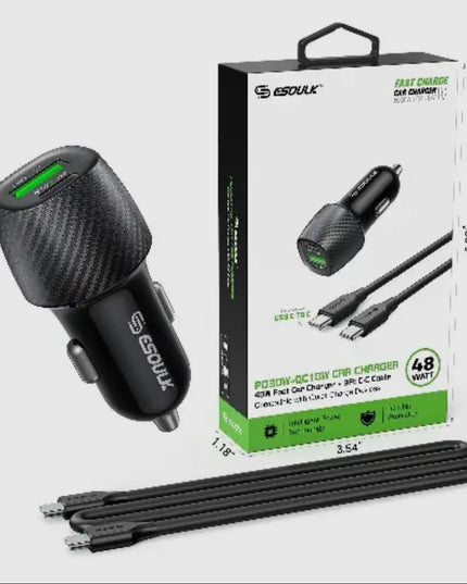 48W Pd&Qc Car Charger + 3ft Usb-C To Usb-C Cable Black