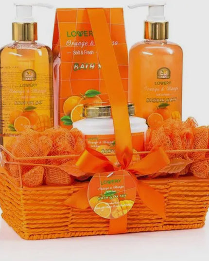 Home Spa Gift Basket in Orange Mango, Bath and Body Care Kit