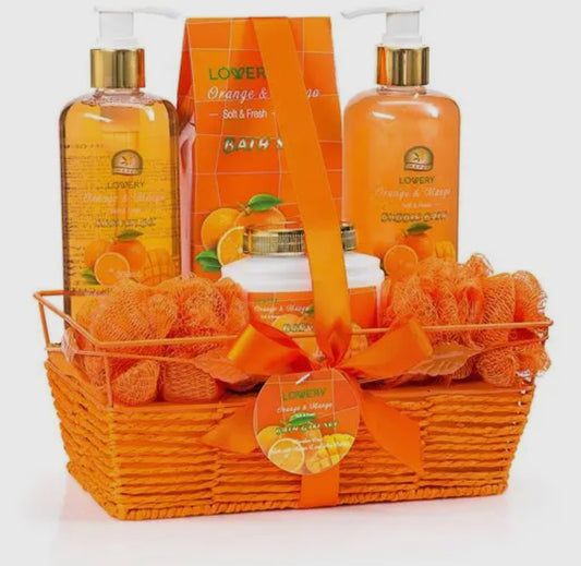 Home Spa Gift Basket in Orange Mango, Bath and Body Care Kit