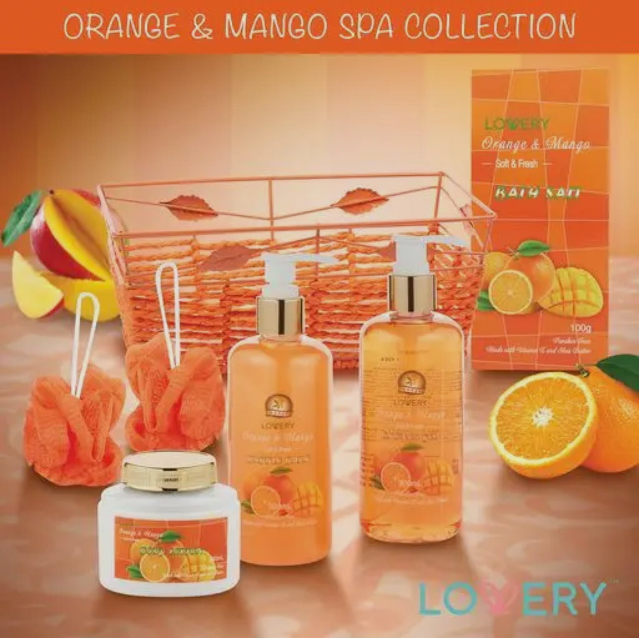 Home Spa Gift Basket in Orange Mango, Bath and Body Care Kit